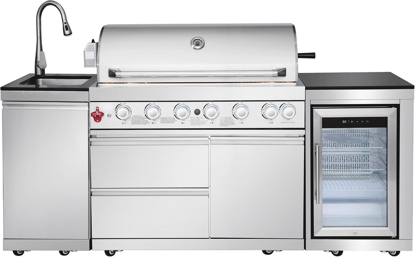 82-Inch 6-Burner Gas Grill 85,000 BTU Outdoor Kitchen Barbecue, Stainless Steel Grill Island with Sink, Storage Cabinets, and Wine Refrigerator,Backyard, Patio, Lawn, Silver (Silver, 82.4")