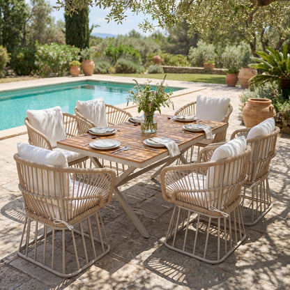 Luxury 7-Piece Teak Outdoor Dining Set – Modern Patio Furniture with Wicker Chairs & Cushions