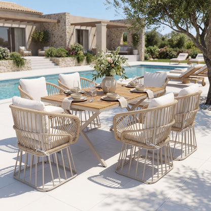Luxury 7-Piece Teak Outdoor Dining Set – Modern Patio Furniture with Wicker Chairs & Cushions