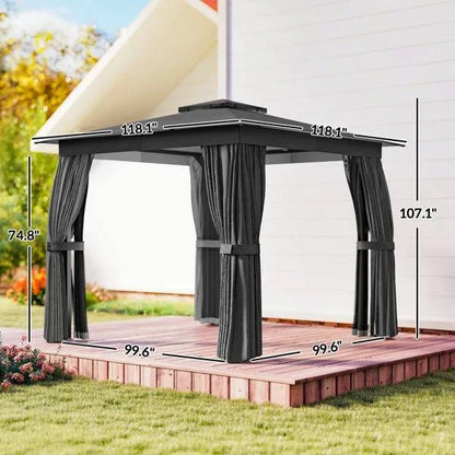 10x10 Steel Patio Gazebo with UPF30+ Roof, Curtains & Netting