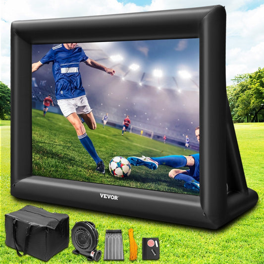 Inflatable outdoor movie screen with soccer game display on a grassy field, featuring VEVOR branding.