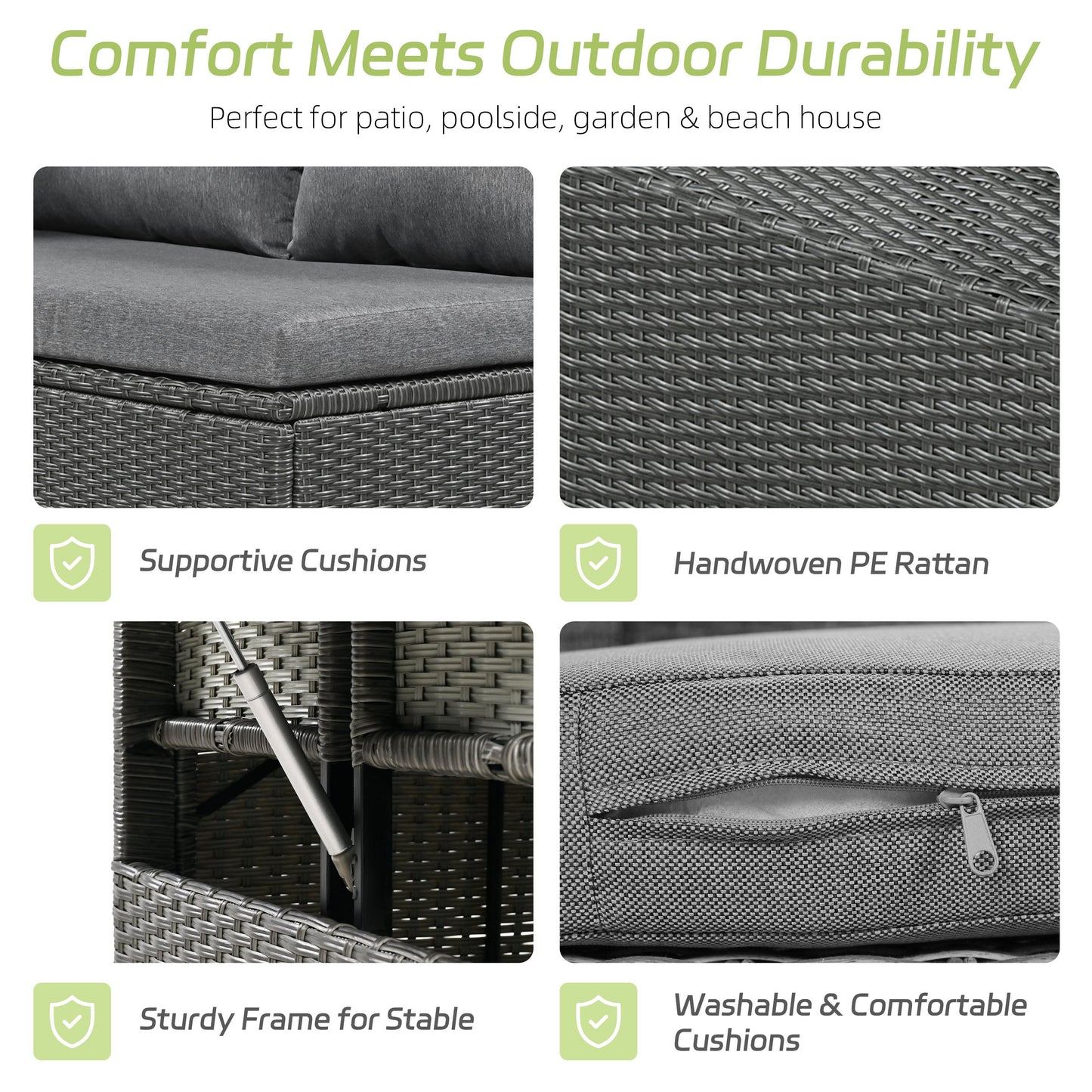 5-Piece L-Shaped Outdoor Rattan Sectional Sofa Set with Dining Table | Grey PE Wicker Patio Furniture