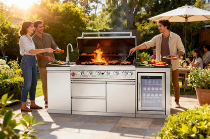82-Inch 6-Burner Gas Grill 85,000 BTU Outdoor Kitchen Barbecue, Stainless Steel Grill Island with Sink, Storage Cabinets, and Wine Refrigerator,Backyard, Patio, Lawn, Silver (Silver, 82.4")