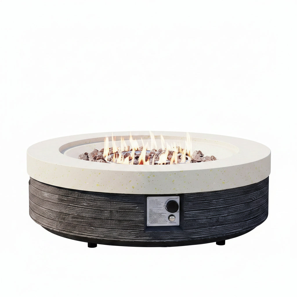 42" Outdoor Propane Fire Pit Table round Gas Fire Pit Table with Concrete & Wood Grain Design, 50000BTU Electronic Ignition Fire Tables for Patio, Backyard, Garden Heating