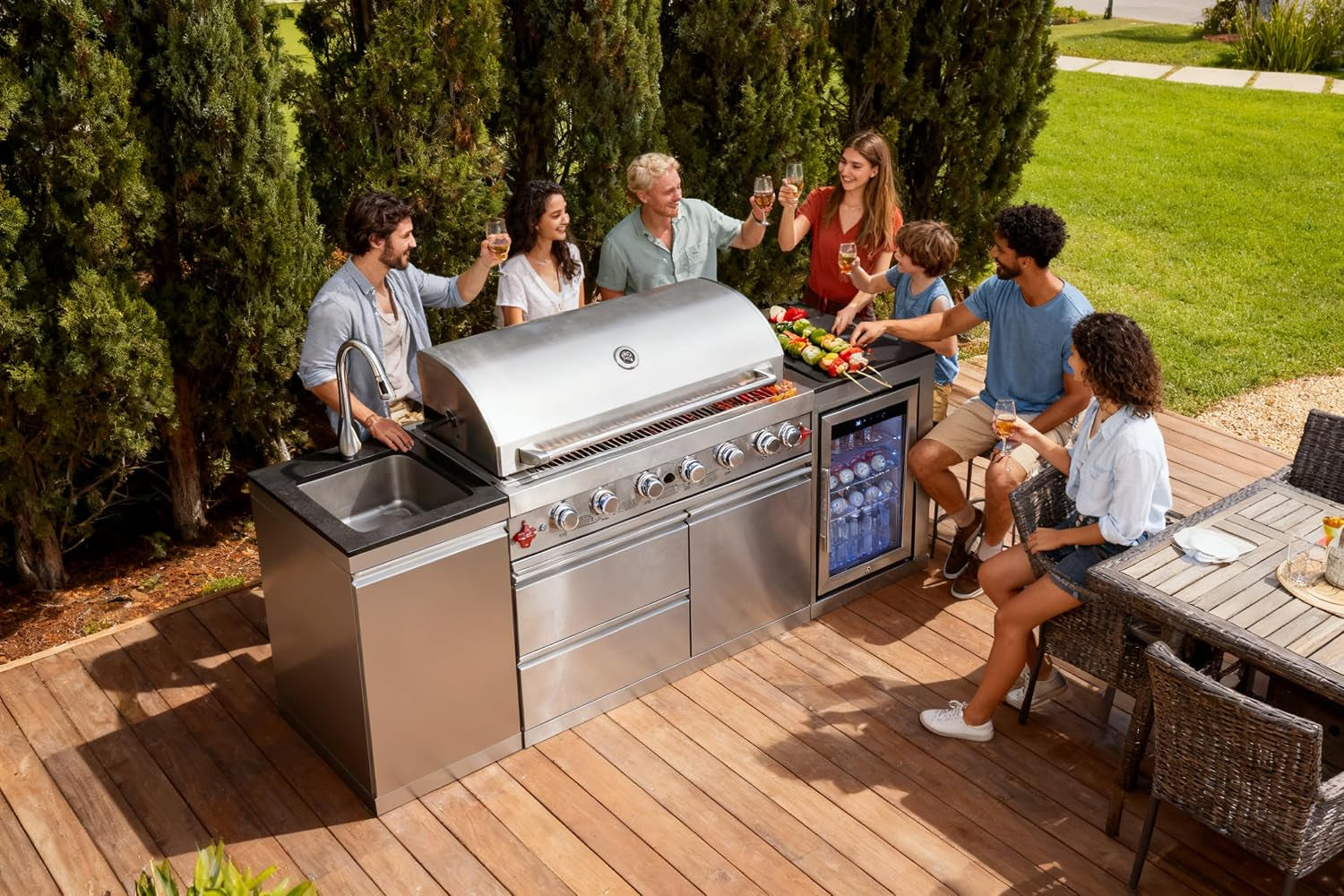 82-Inch 6-Burner Gas Grill 85,000 BTU Outdoor Kitchen Barbecue, Stainless Steel Grill Island with Sink, Storage Cabinets, and Wine Refrigerator,Backyard, Patio, Lawn, Silver (Silver, 82.4")