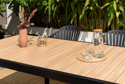 Portals Dark Rectangular Teak Table and 6 Nassau Black Aluminum Dining Set
