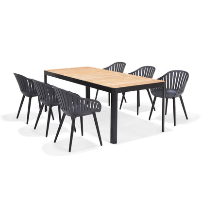 Portals Dark Rectangular Teak Table and 6 Nassau Black Aluminum Dining Set