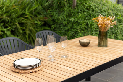 Portals Dark Rectangular Teak Table and 6 Nassau Black Aluminum Dining Set