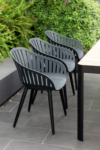Portals Dark Rectangular Teak Table and 6 Nassau Black Aluminum Dining Set