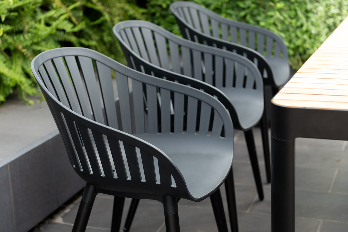 Portals Dark Rectangular Teak Table and 6 Nassau Black Aluminum Dining Set