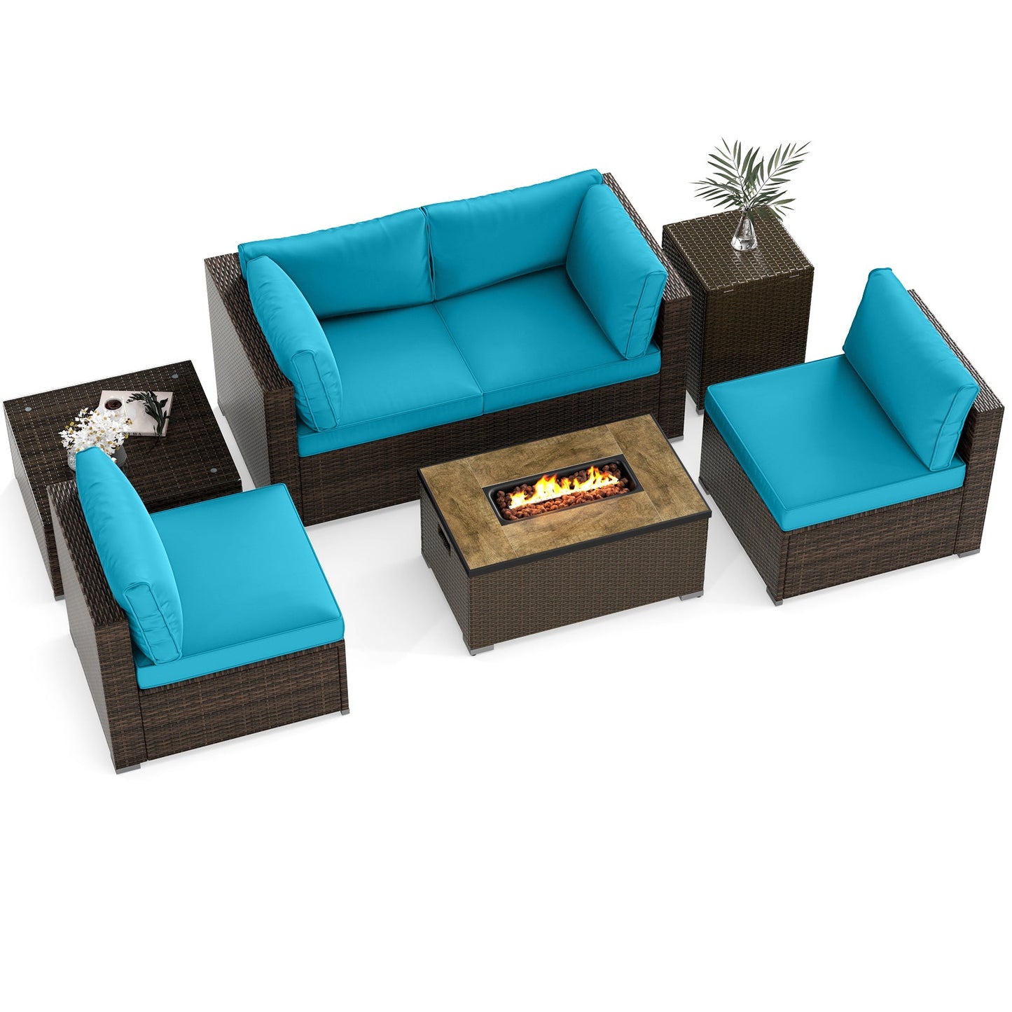 7 Pieces Outdoor Furniture Set with 32 Inch Fire Pit Table and Propane Tank Cover