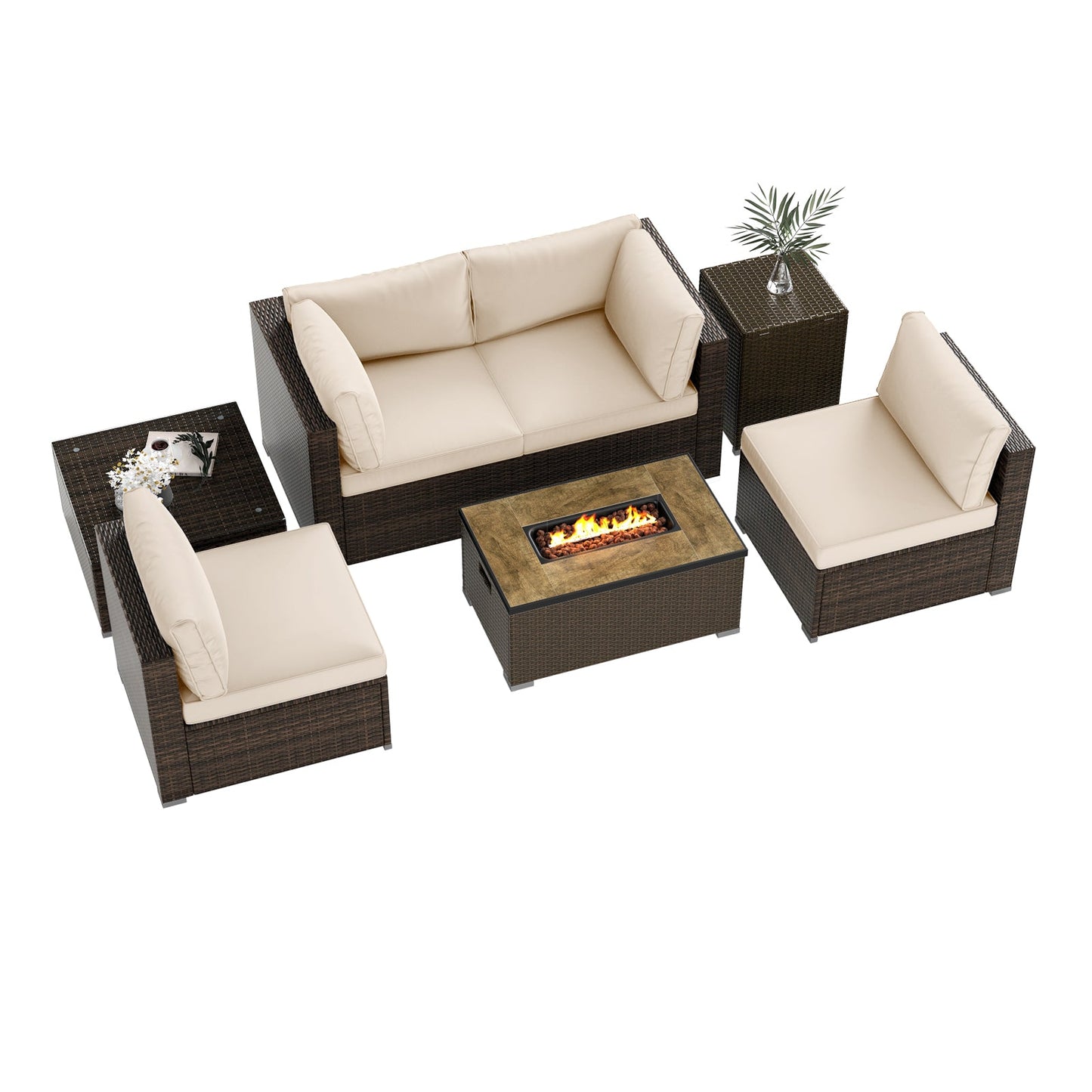 7 Pieces Outdoor Furniture Set with 32 Inch Fire Pit Table and Propane Tank Cover