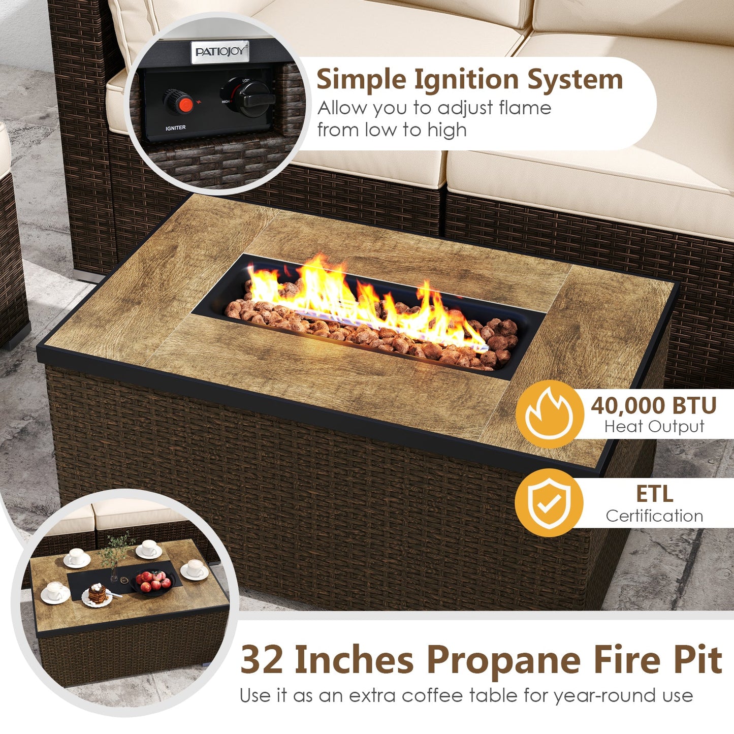 7 Pieces Outdoor Furniture Set with 32 Inch Fire Pit Table and Propane Tank Cover