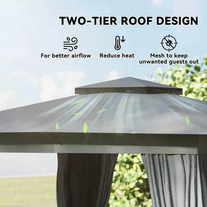 10x10 Steel Patio Gazebo with UPF30+ Roof, Curtains & Netting