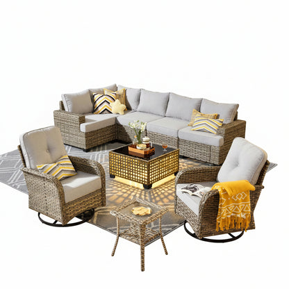 9 Pieces Patio Furniture Set outside Furniture Wicker Patio Conversation Set with Swivel Chairs, Outdoor Furniture for Garden, Gray