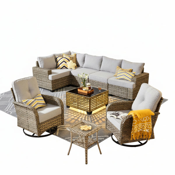 9 Pieces Patio Furniture Set outside Furniture Wicker Patio Conversation Set with Swivel Chairs, Outdoor Furniture for Garden, Gray
