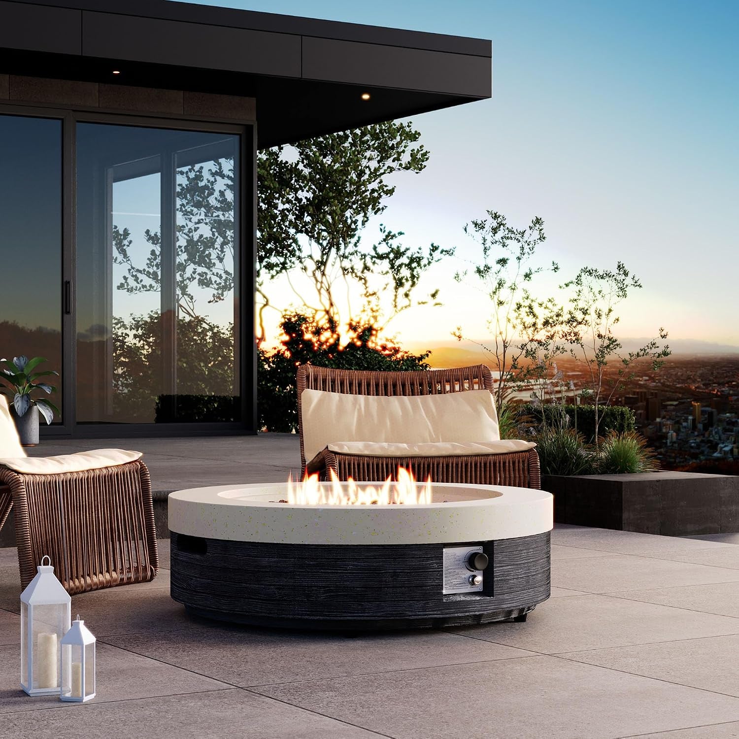 42" Outdoor Propane Fire Pit Table round Gas Fire Pit Table with Concrete & Wood Grain Design, 50000BTU Electronic Ignition Fire Tables for Patio, Backyard, Garden Heating