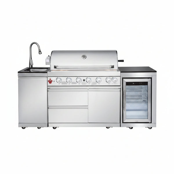 Outdoor Kitchen Island with Built in Grill, 6 Burner 83500 BTU Stainless Steel Gas Barbecue Island, Patio Cooking Station with Sink & Wine Cooler, Built in Grill Island for Backyard (Silver)