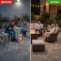 Luxurious 7 Piece Patio Furniture Set with Fire Pit Table, High Back Wicker Swivel Rocker Glider Outdoor Chairs with 6" Cushion, All-Weather Patio Conversation Set for Yard Garden - Brown/Beige — Before & After