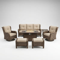 Luxurious 7 Piece Patio Furniture Set with Fire Pit Table, High Back Wicker Swivel Rocker Glider Outdoor Chairs with 6" Cushion, All-Weather Patio Conversation Set for Yard Garden - Brown/Beige — Studio Shot