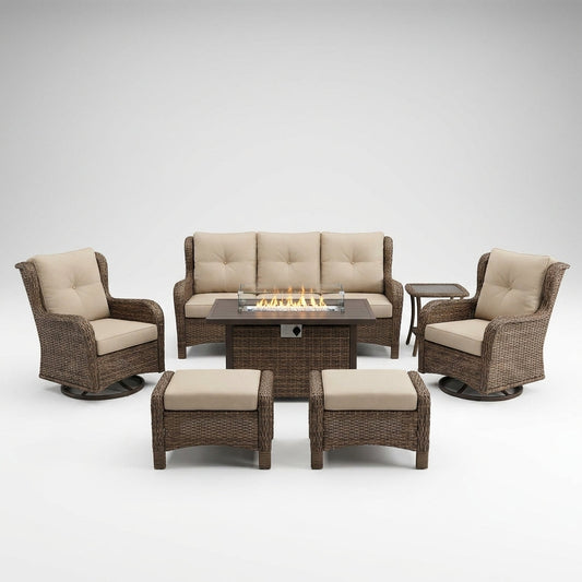 Luxurious 7 Piece Patio Furniture Set with Fire Pit Table, High Back Wicker Swivel Rocker Glider Outdoor Chairs with 6" Cushion, All-Weather Patio Conversation Set for Yard Garden - Brown/Beige — Studio Shot