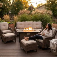 Luxurious 7 Piece Patio Furniture Set with Fire Pit Table, High Back Wicker Swivel Rocker Glider Outdoor Chairs with 6" Cushion, All-Weather Patio Conversation Set for Yard Garden - Brown/Beige — Lifestyle