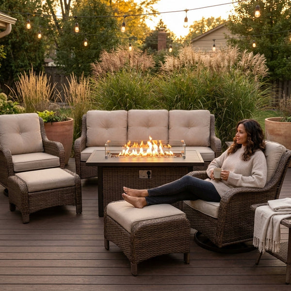 Patio Furniture Set Designed for Year-Round Entertaining, 7 Piece with Fire Pit Table, Swivel Rocker Chairs