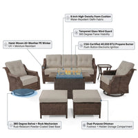 Luxurious 7 Piece Patio Furniture Set with Fire Pit Table, High Back Wicker Swivel Rocker Glider Outdoor Chairs with 6" Cushion, All-Weather Patio Conversation Set for Yard Garden - Brown/Beige — How It Works