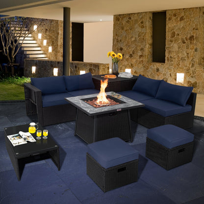 9 Pieces Outdoor Wicker Sectional with 35 Inch Gas Fire Pit Table