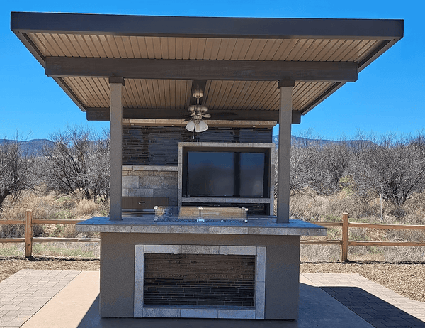 Baja Outdoor Kitchen with Patio Cover – Custom Modular Kokomo Grill BBQ Island; 12' × 12' Aluminum Pergola Cover