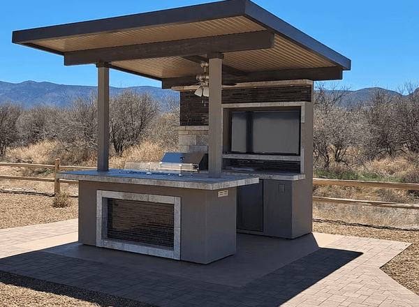 Baja Outdoor Kitchen with Patio Cover – Custom Modular Kokomo Grill BBQ Island; 12' × 12' Aluminum Pergola Cover