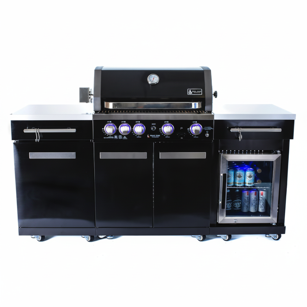 Premium 70"W Black Stainless Steel Outdoor Kitchen Island BBQ Gas Grill with Compact Refrigerator & Rotisserie Burner + Dual Sided Griddle Plate + Charcoal Tray + Natural Gas Conversion Kit