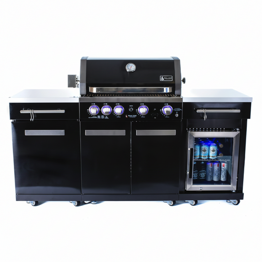 Premium 70"W Black Stainless Steel Outdoor Kitchen Island BBQ Gas Grill with Compact Refrigerator & Rotisserie Burner + Dual Sided Griddle Plate + Charcoal Tray + Natural Gas Conversion Kit