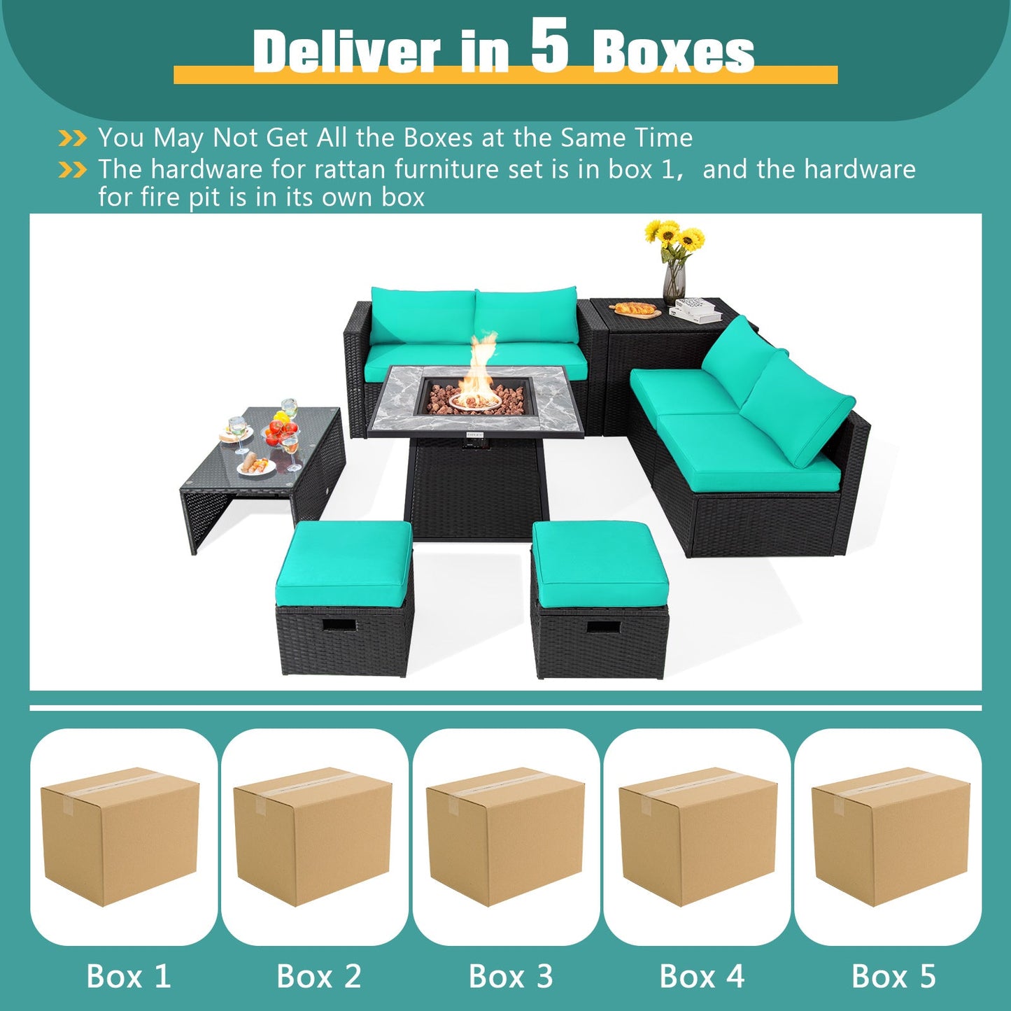 9 Pieces Outdoor Wicker Sectional with 35 Inch Gas Fire Pit Table