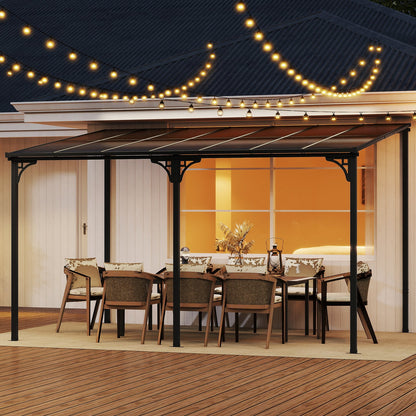 Wall-Mounted Patio Gazebo Large Outdoor Hardtop Pergola with Sloped Polycarbonate Roof-Black