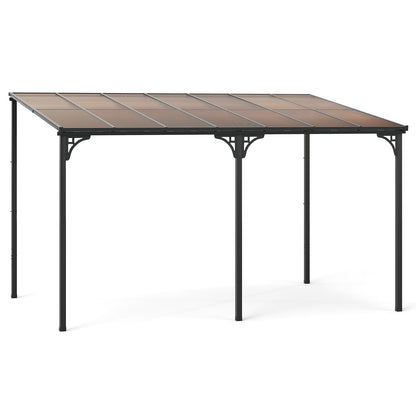 Wall-Mounted Patio Gazebo Large Outdoor Hardtop Pergola with Sloped Polycarbonate Roof-Black