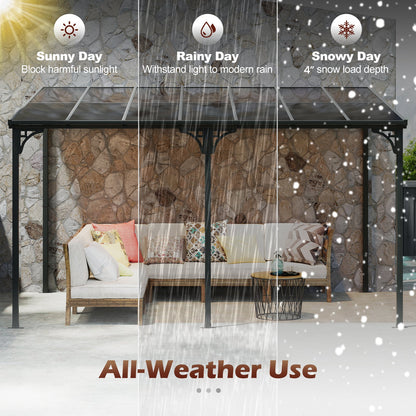 Wall-Mounted Patio Gazebo Large Outdoor Hardtop Pergola with Sloped Polycarbonate Roof-Black