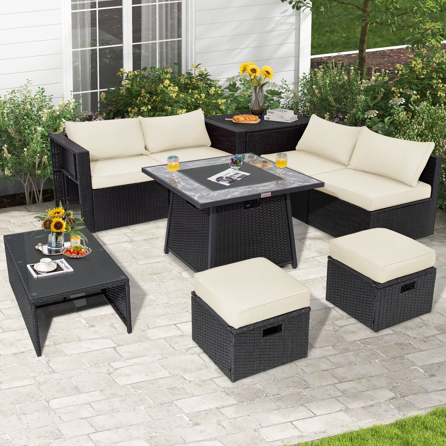 9 Pieces Outdoor Wicker Sectional with 35 Inch Gas Fire Pit Table
