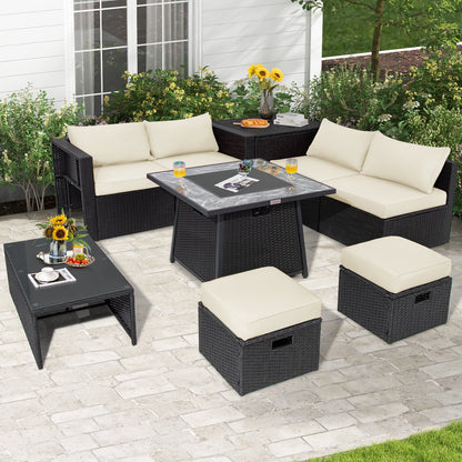 9 Pieces Outdoor Wicker Sectional with 35 Inch Gas Fire Pit Table