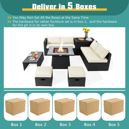 9 Pieces Outdoor Wicker Sectional with 35 Inch Gas Fire Pit Table