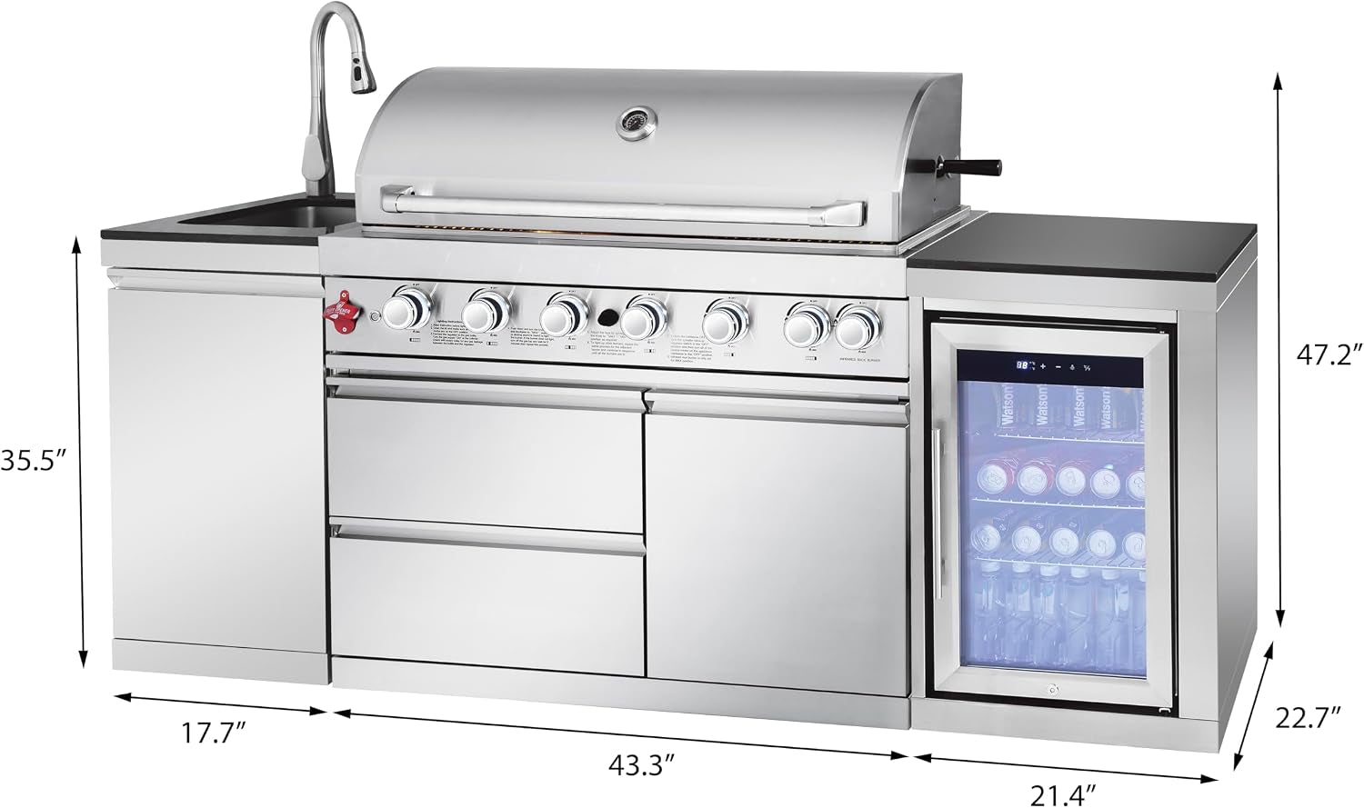82-Inch 6-Burner Gas Grill 85,000 BTU Outdoor Kitchen Barbecue, Stainless Steel Grill Island with Sink, Storage Cabinets, and Wine Refrigerator,Backyard, Patio, Lawn, Silver (Silver, 82.4")