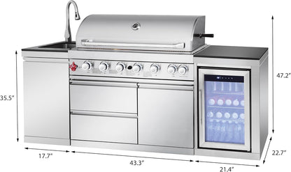 82-Inch 6-Burner Gas Grill 85,000 BTU Outdoor Kitchen Barbecue, Stainless Steel Grill Island with Sink, Storage Cabinets, and Wine Refrigerator,Backyard, Patio, Lawn, Silver (Silver, 82.4")