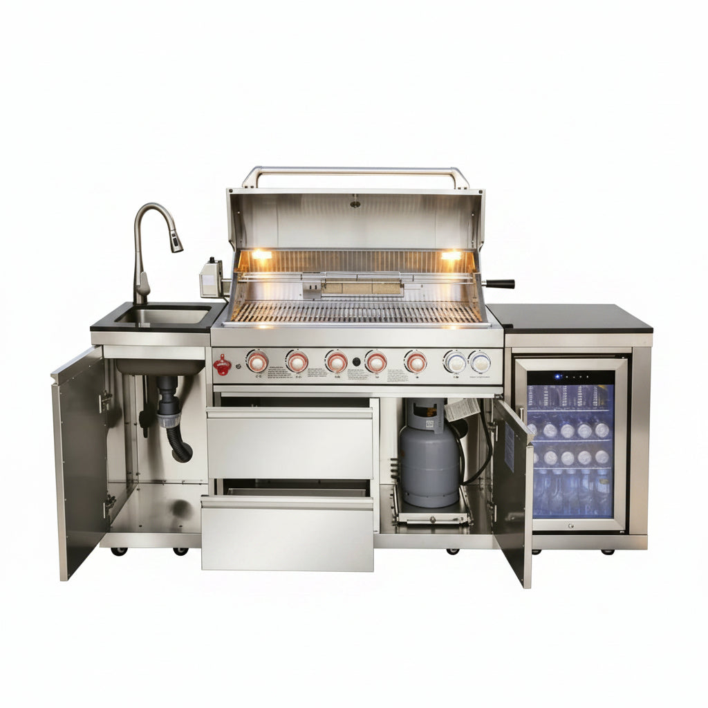 82-Inch 6-Burner Gas Grill 85,000 BTU Outdoor Kitchen Barbecue, Stainless Steel Grill Island with Sink, Storage Cabinets, and Wine Refrigerator,Backyard, Patio, Lawn, Silver (Silver, 82.4")