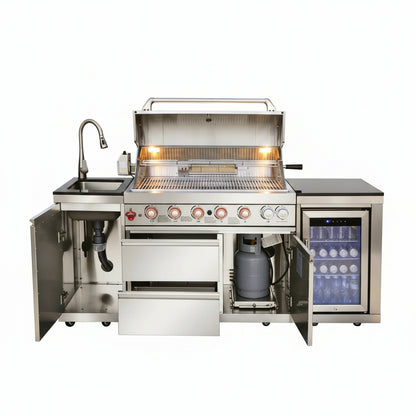 82-Inch 6-Burner Gas Grill 85,000 BTU Outdoor Kitchen Barbecue, Stainless Steel Grill Island with Sink, Storage Cabinets, and Wine Refrigerator,Backyard, Patio, Lawn, Silver (Silver, 82.4")