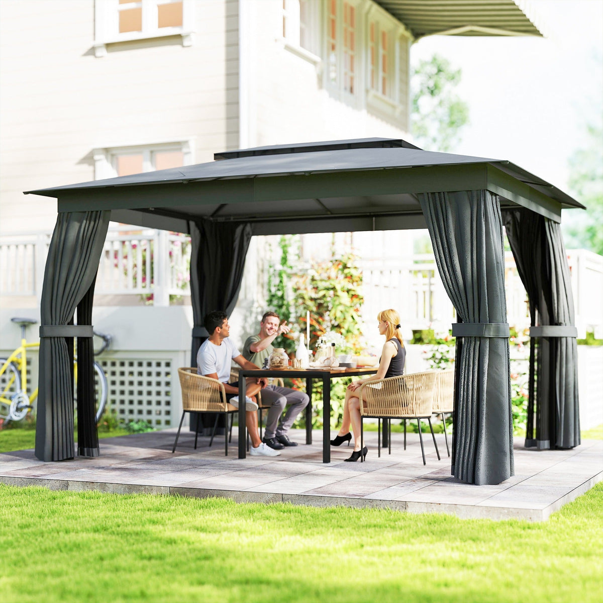 Outdoor Patio Gazebo | Double-Tier UPF30+ Roof with Privacy Curtains