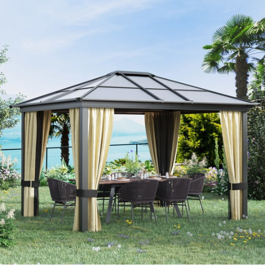 Hardtop Patio Pergola Gazebo | Aluminum Frame, Polycarbonate Roof & Removable Netting