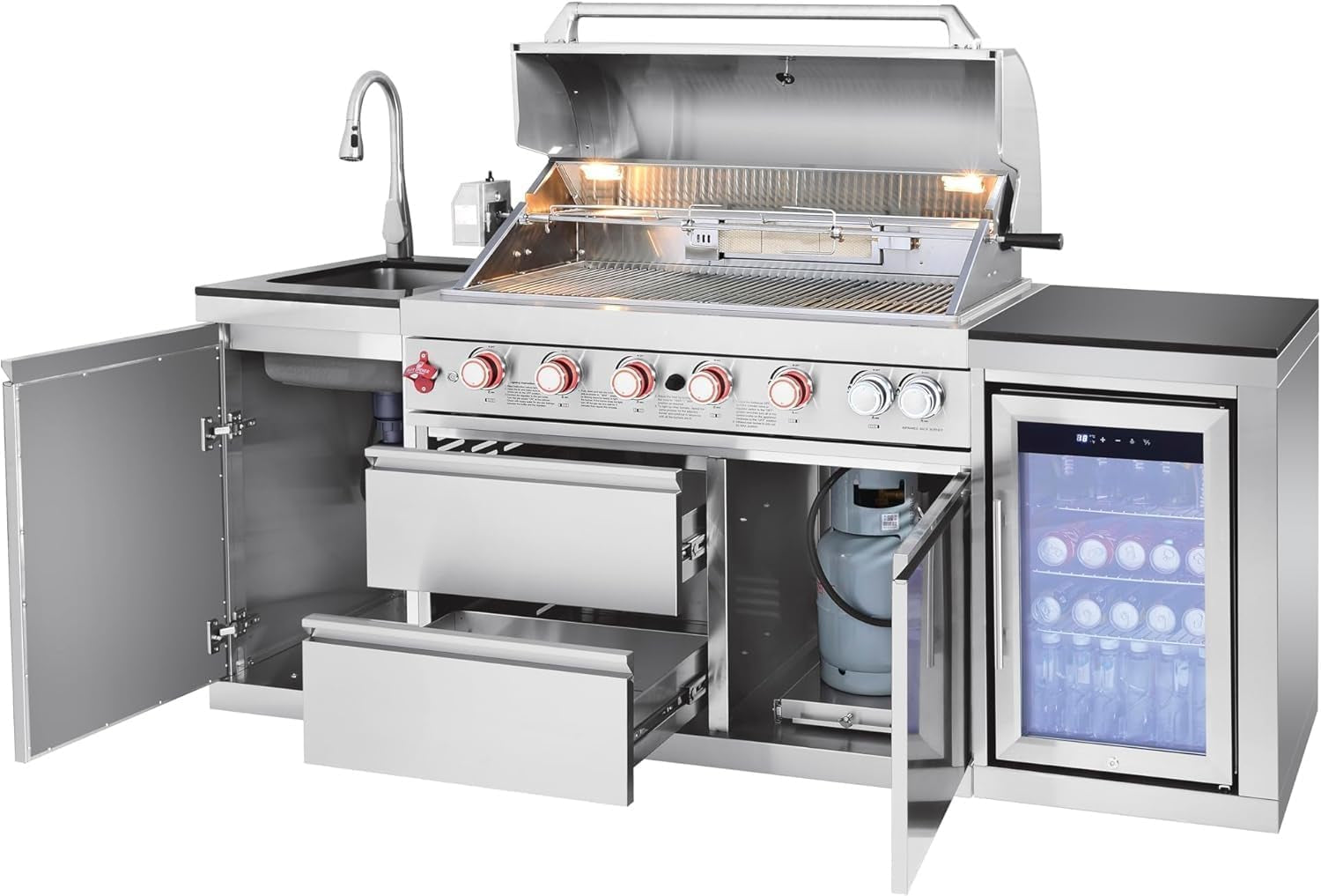 82-Inch 6-Burner Gas Grill 85,000 BTU Outdoor Kitchen Barbecue, Stainless Steel Grill Island with Sink, Storage Cabinets, and Wine Refrigerator,Backyard, Patio, Lawn, Silver (Silver, 82.4")