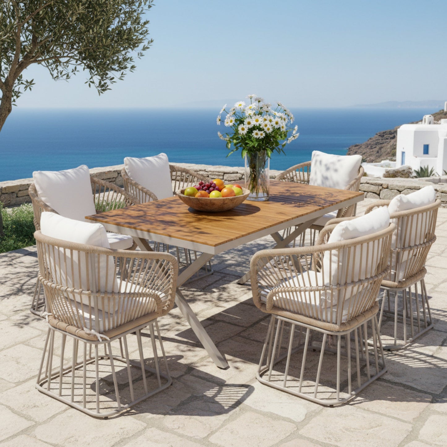 Luxury 7-Piece Teak Outdoor Dining Set – Modern Patio Furniture with Wicker Chairs & Cushions